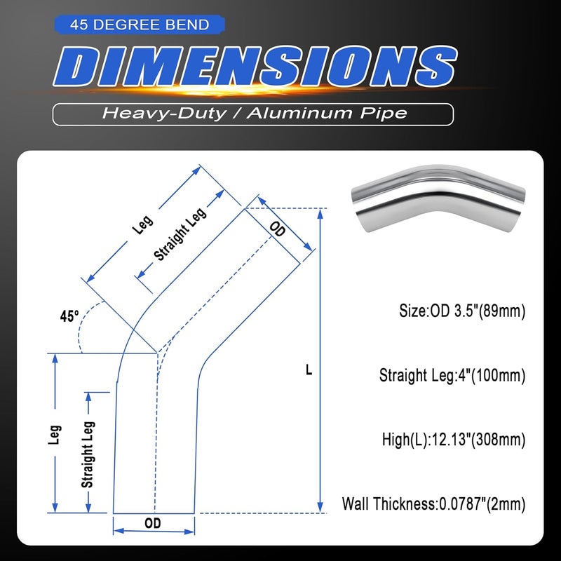 Ketofa 3.5Inch (89mm) OD, Leg Length 4" (100mm), 45 Degree Bend Elbow 3.5" Aluminum Pipe Tube Intercooler Pipe Piping Air Intake Tube, High Class Brushed Finish - Image 2